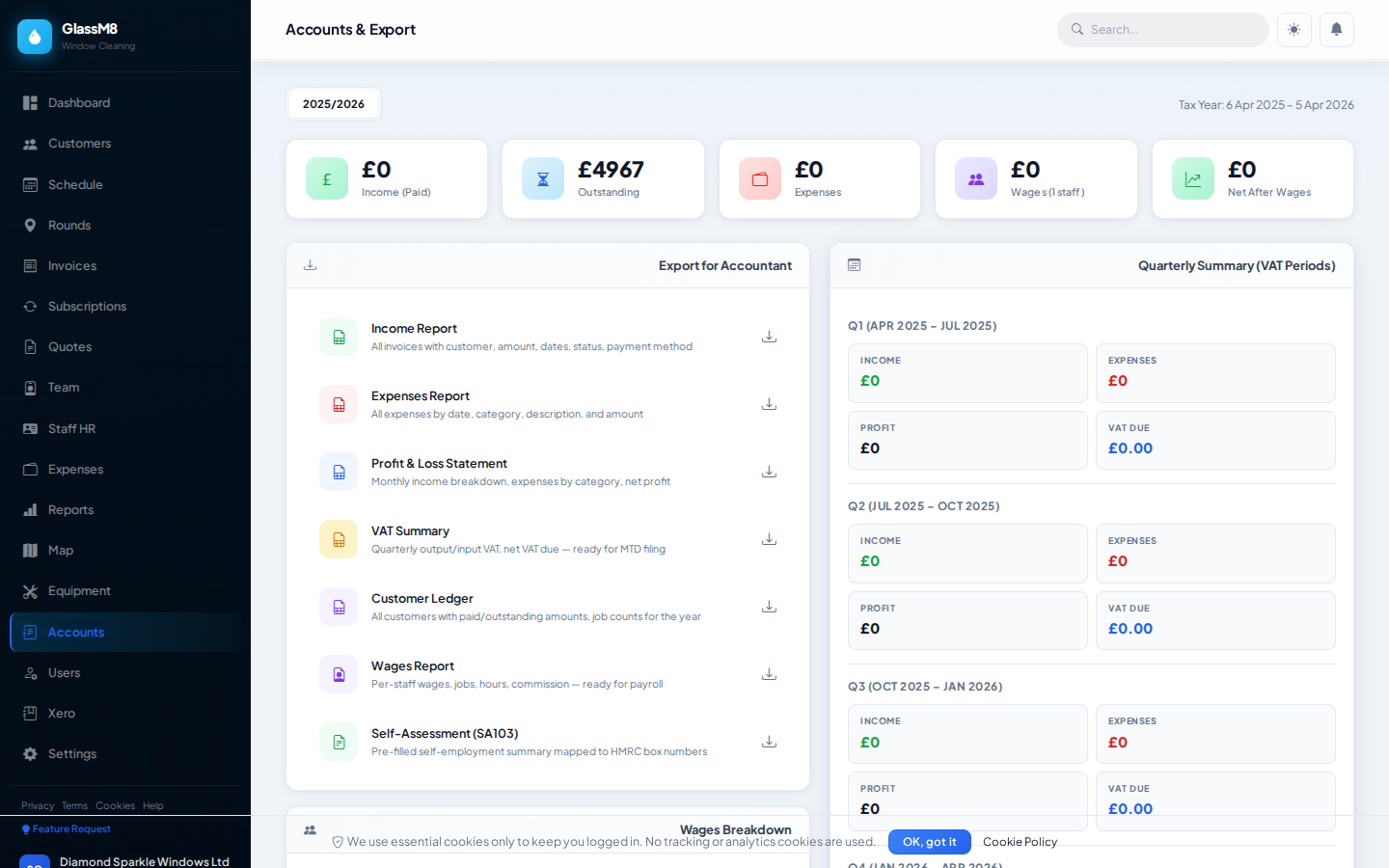GlassM8 Accounts — UK tax-year income and expense summaries
