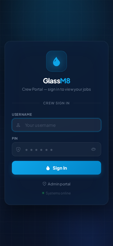 GlassM8 Crew App — mobile job list with completion and photo capture