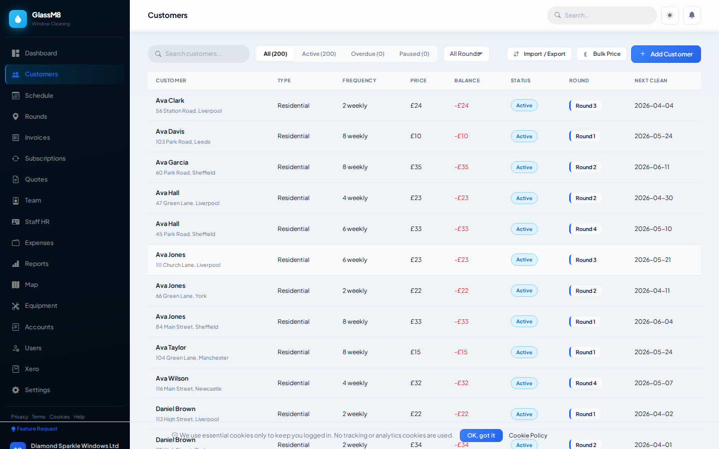 GlassM8 Customers — full CRM with balances, GPS, and job history