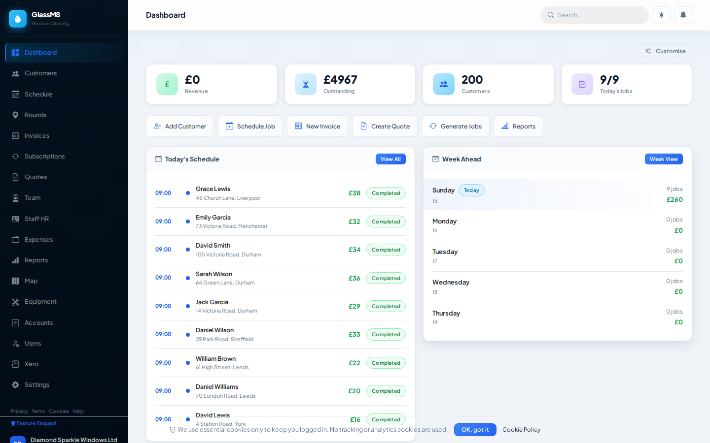 GlassM8 Dashboard — overview of jobs, revenue, and team activity