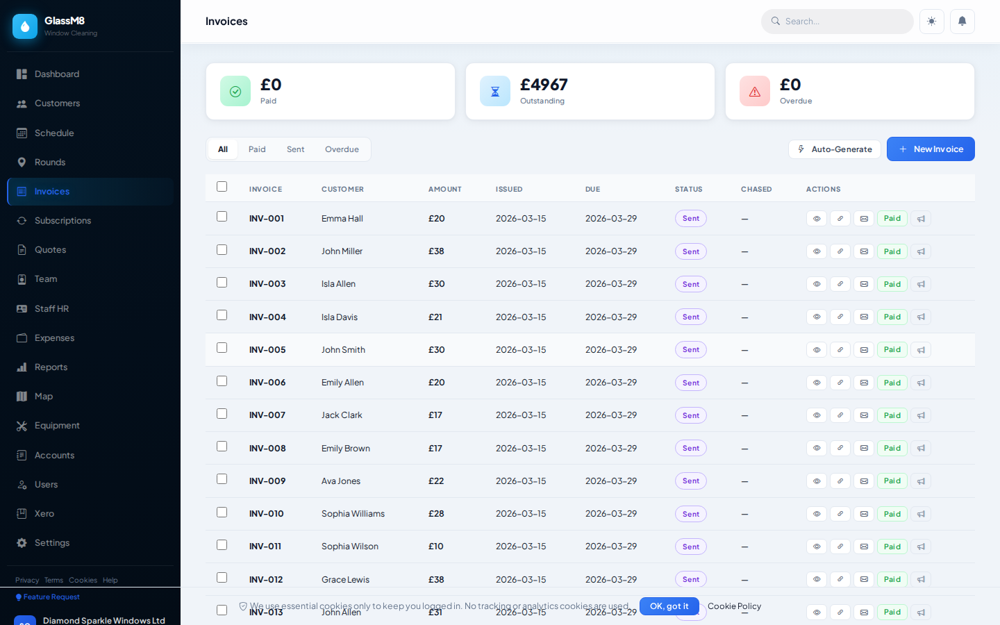 GlassM8 Invoices — one-click invoicing with Xero sync and payment tracking