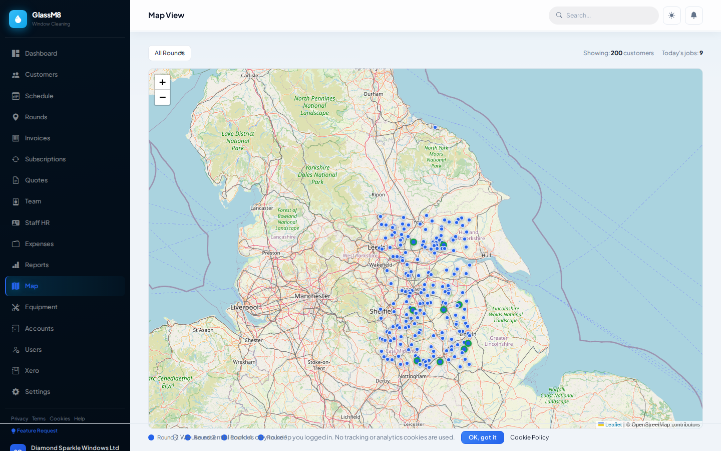 GlassM8 Map View — interactive customer map for route planning