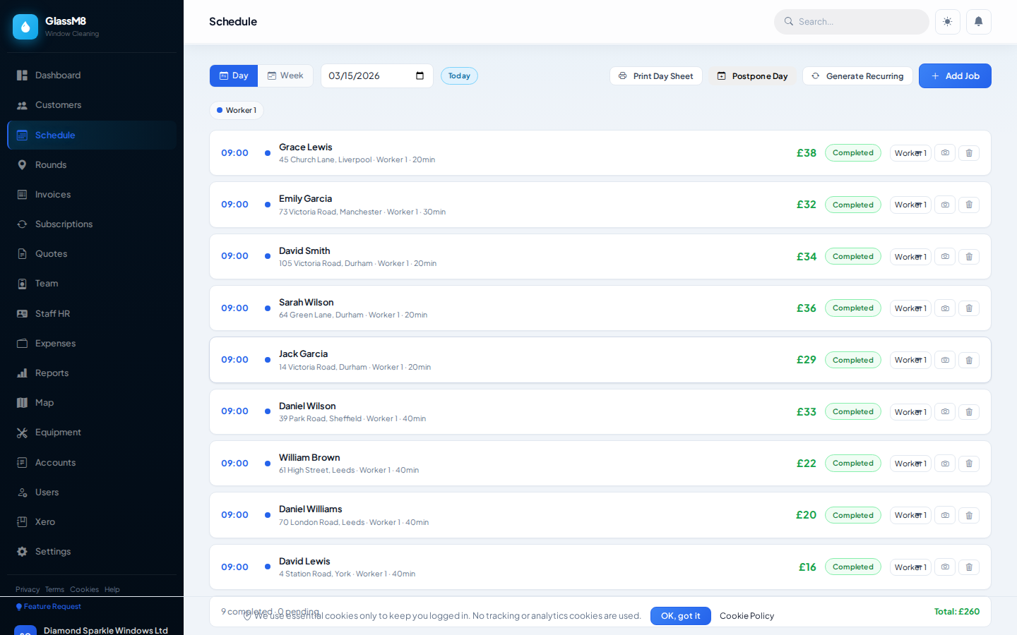 GlassM8 Schedule — weekly job calendar and round view